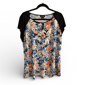 Nue Options Cream Floral Raglan Top with Blue and Orange Blooms